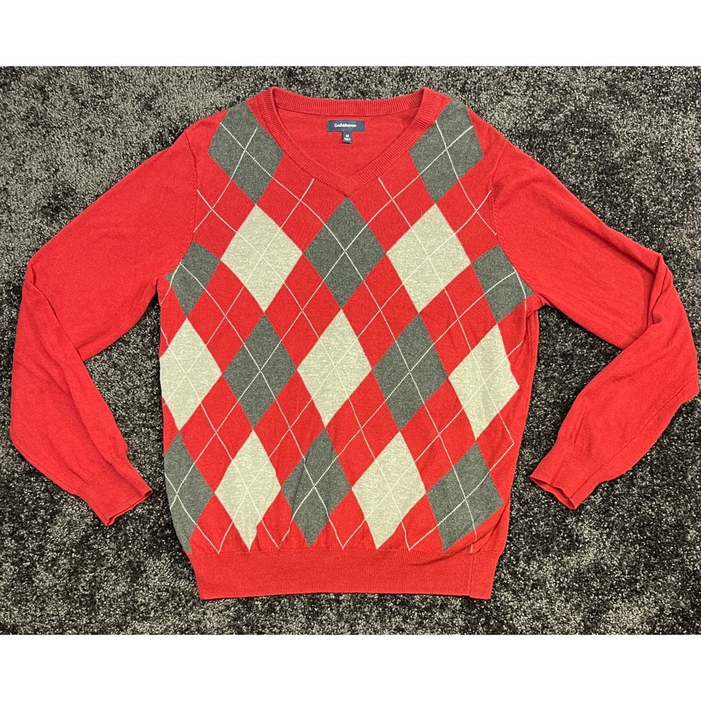 Croft & Barrow Men's Red‎ Argyle V-Neck Sweater Medium Classic Fit